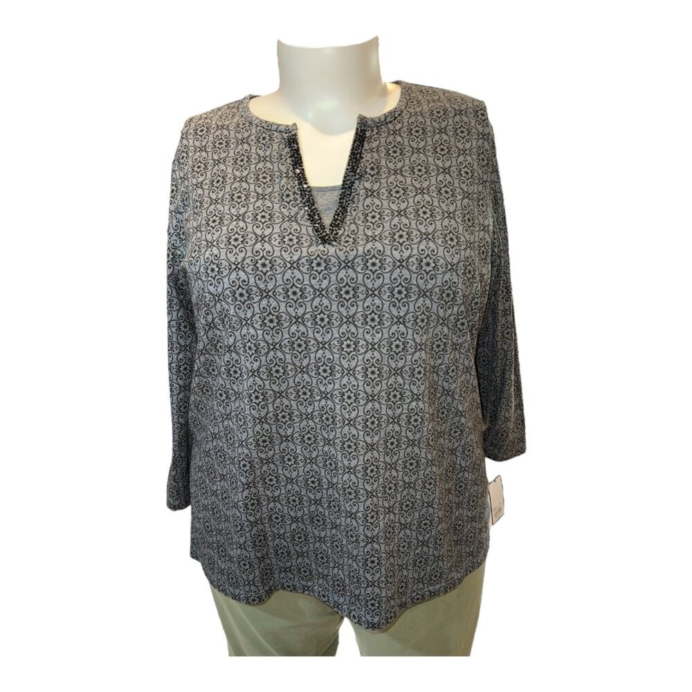 **NWT** Croft & Barrow Gray & Black Beaded V-Neck 3/4 Sleeve Swirled Top 2X